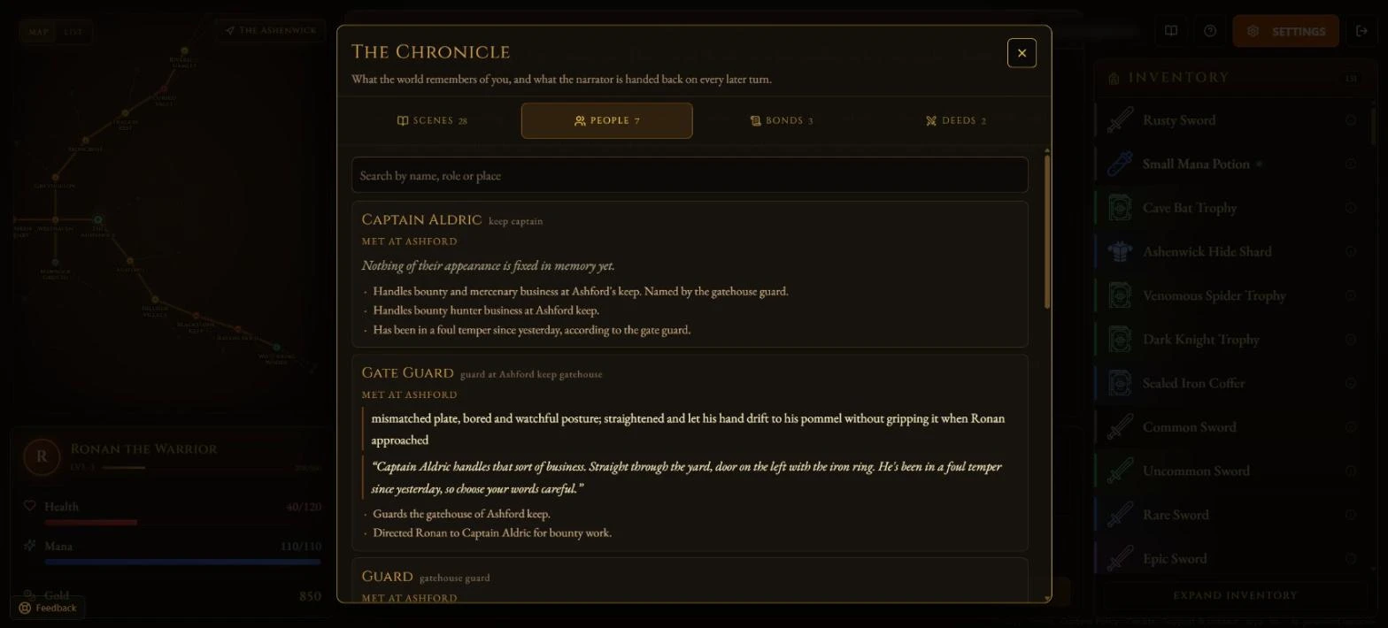 The Arya Chronicle's People tab: a keep captain and a gate guard, where they were met, how they looked and what they said.